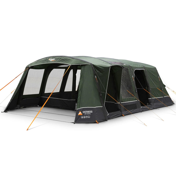 Vango Sherwood Air 600XL inflatable family tent with front doors open, showcasing spacious living area and durable structure.