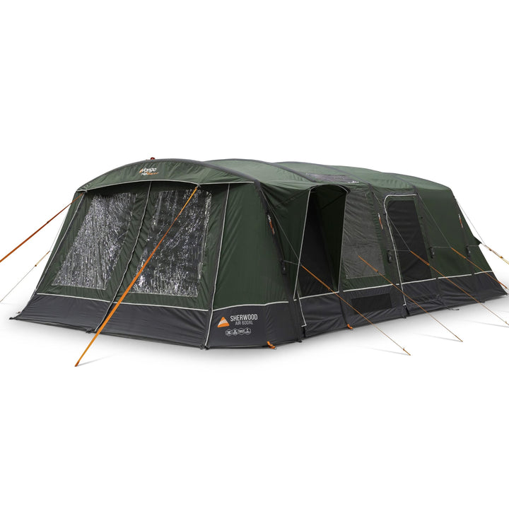 Vango Sherwood Air 600XL family tent with front doors closed, highlighting its robust airbeam design and large windows.