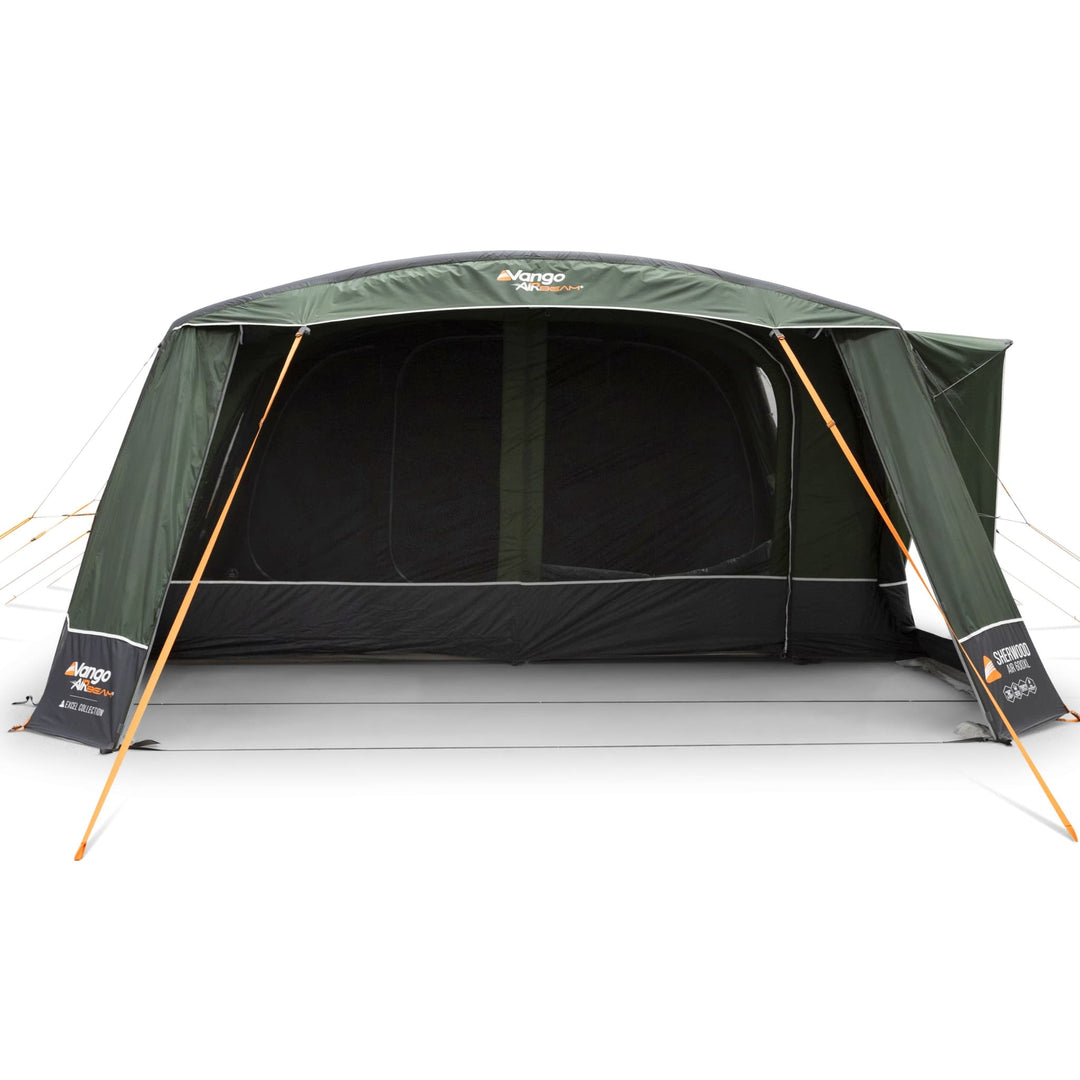 Front view of Vango Sherwood Air 600XL 6-man tent with all doors fully open, emphasizing easy access and spacious design.