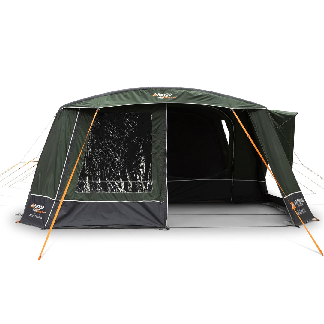 Vango Sherwood Air 600XL inflatable tent front view with door half-open, highlighting the mesh door and wind stability.