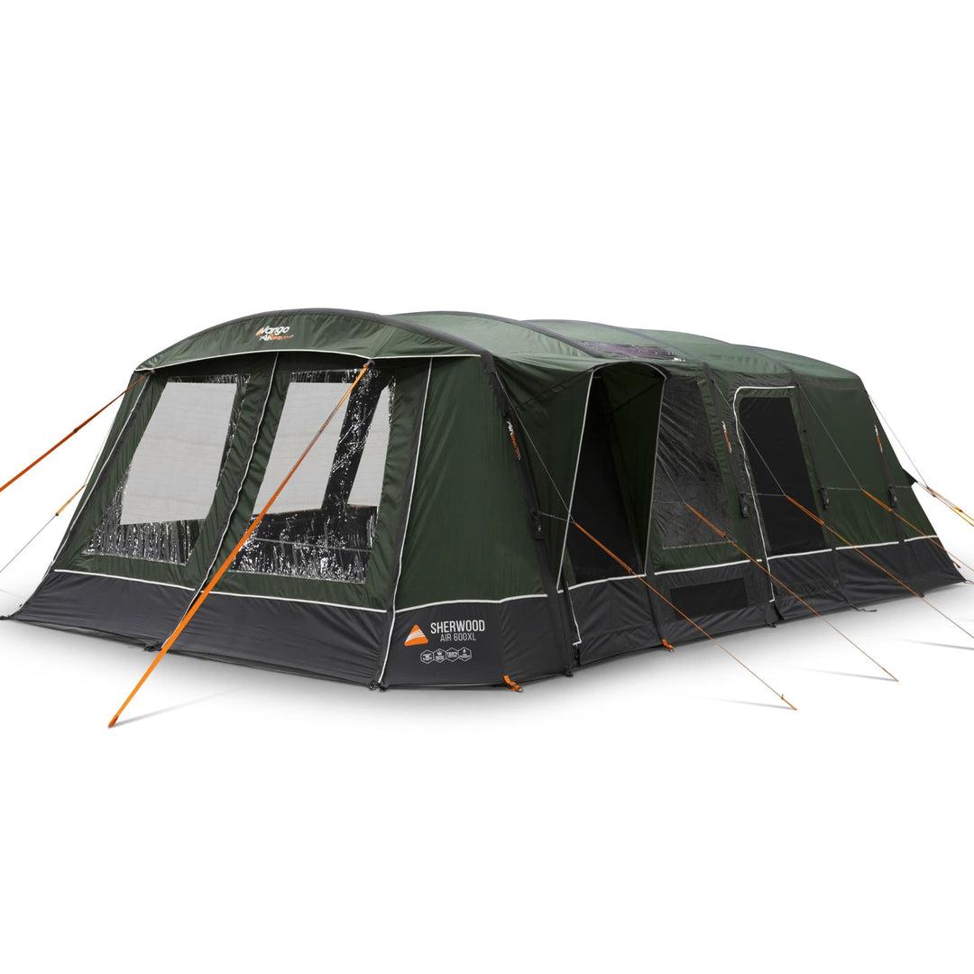 Angled view of the Vango Sherwood Air 600XL 6-man tent showing spacious design and windows