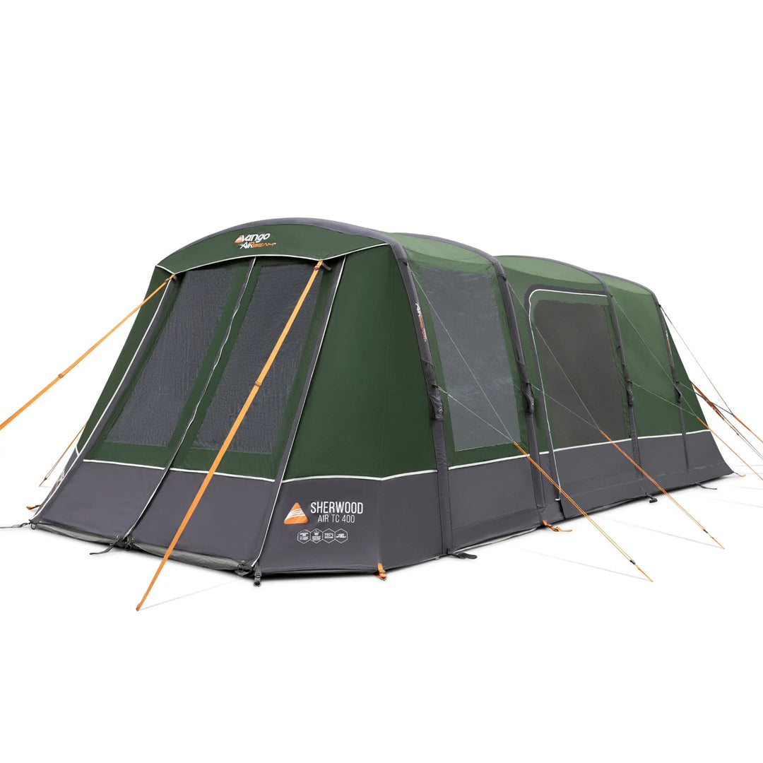 A Vango Sherwood Air TC 400 Tent in forest green and dark gray with orange guy lines, shown on a plain white background.