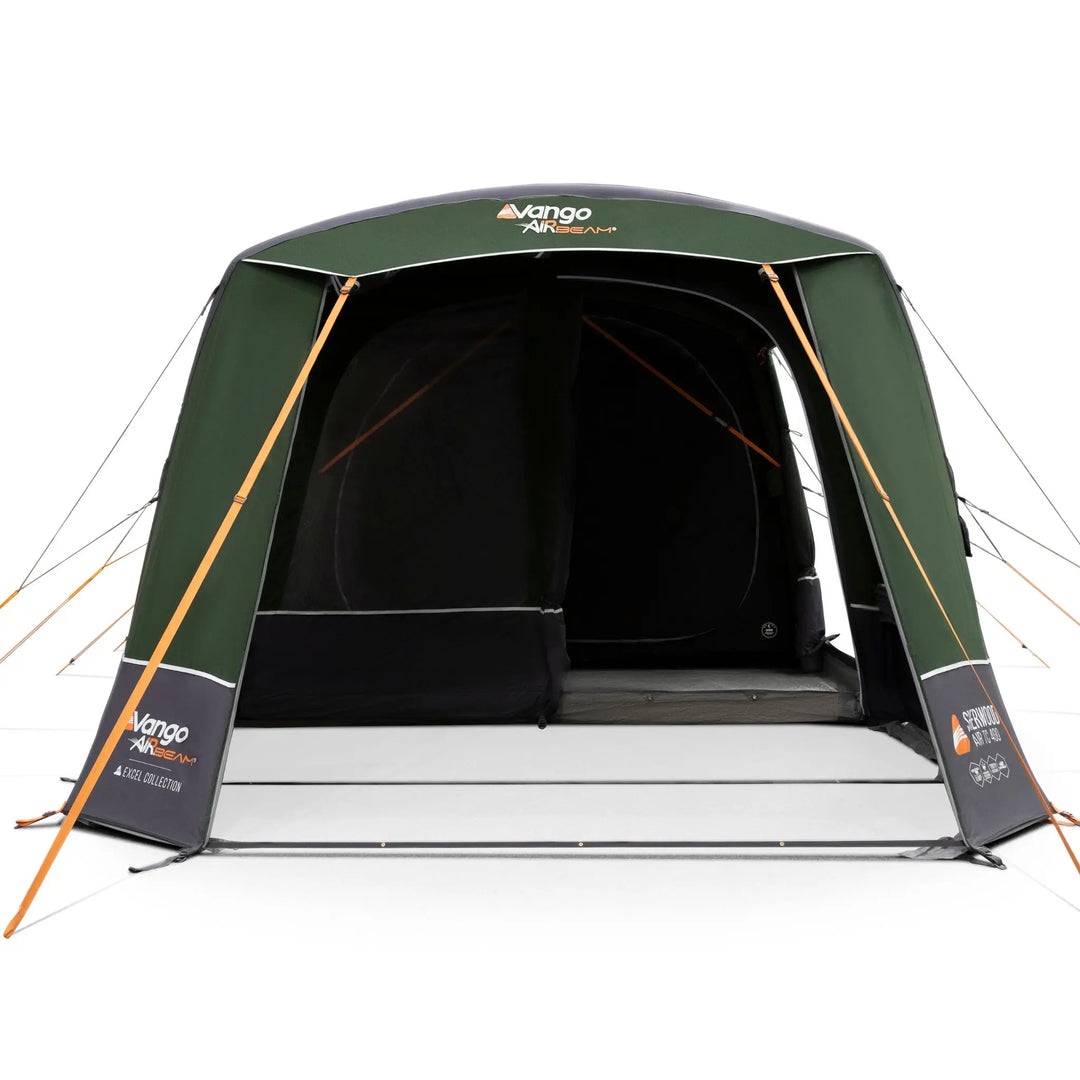A Vango Sherwood Air TC 400 Tent with an open front door, shown on a clean white background. The brand logo 'Vango AirBeam' is visible on the top and lower side panels.