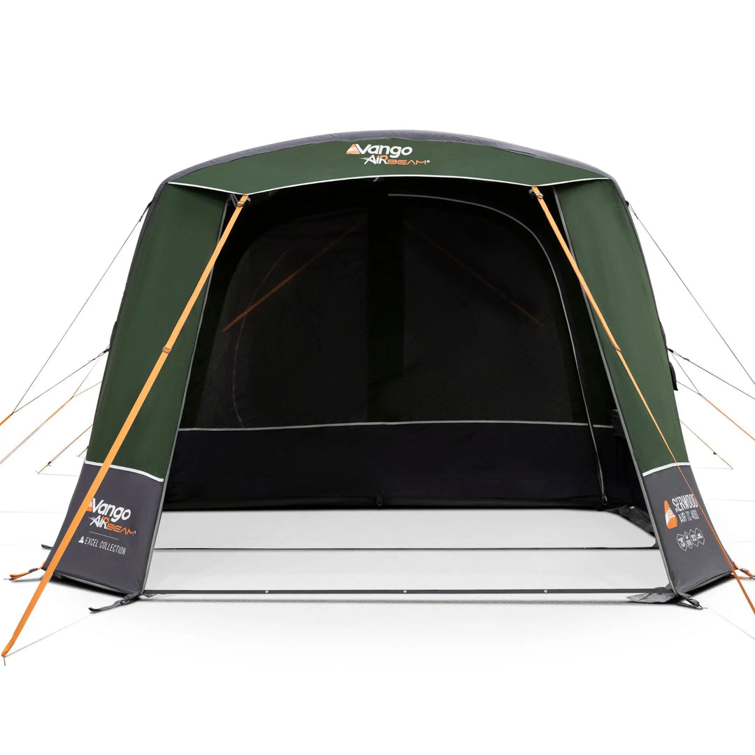A Vango Sherwood Air TC 400 Tent with orange guy lines, shown from the front on a white background.