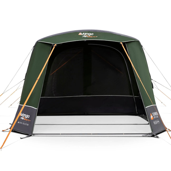 A Vango Sherwood Air TC 400 Tent with orange guy lines, shown from the front on a white background.