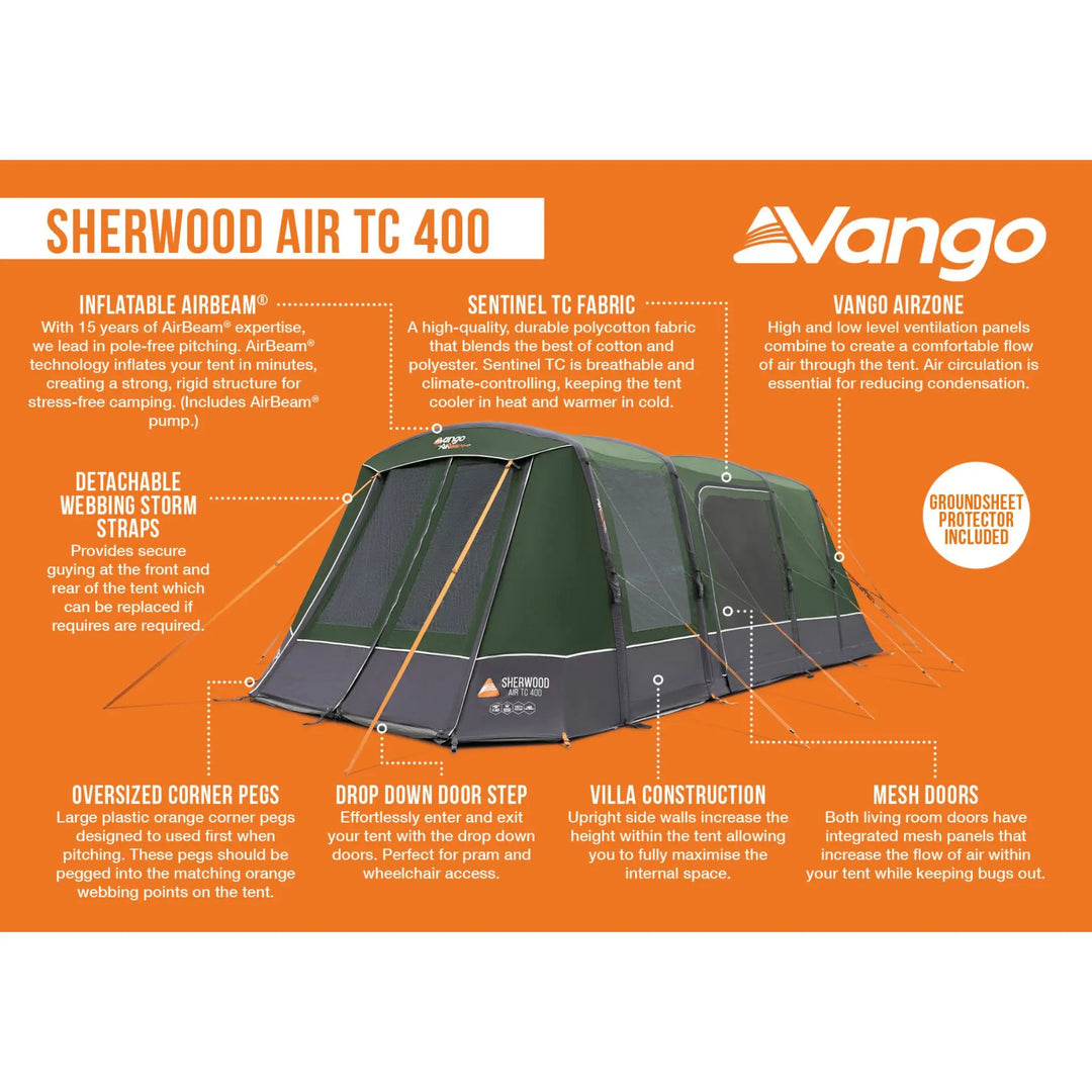 An orange product information graphic for the Vango Sherwood Air TC 400 tent, showing a dark green and black tent with orange guy lines and white text callouts detailing its features.