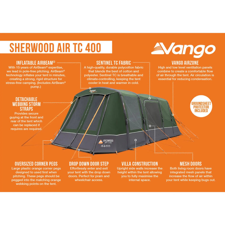 An orange product information graphic for the Vango Sherwood Air TC 400 tent, showing a dark green and black tent with orange guy lines and white text callouts detailing its features.