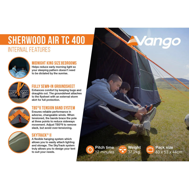 Promotional graphic for the Sherwood Air TC 400 Internal Features by Vango, showing a tent setup with two people outdoors, feature callouts, and product dimensions.