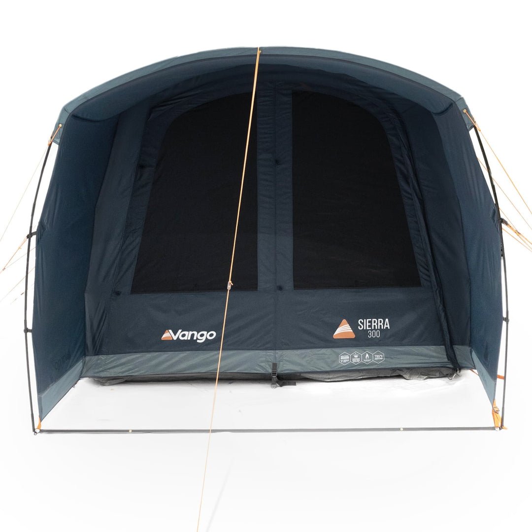 Front view of the Vango Sierra 300 Poled Tent with the entrance fully closed, showing its pre-attached canopy