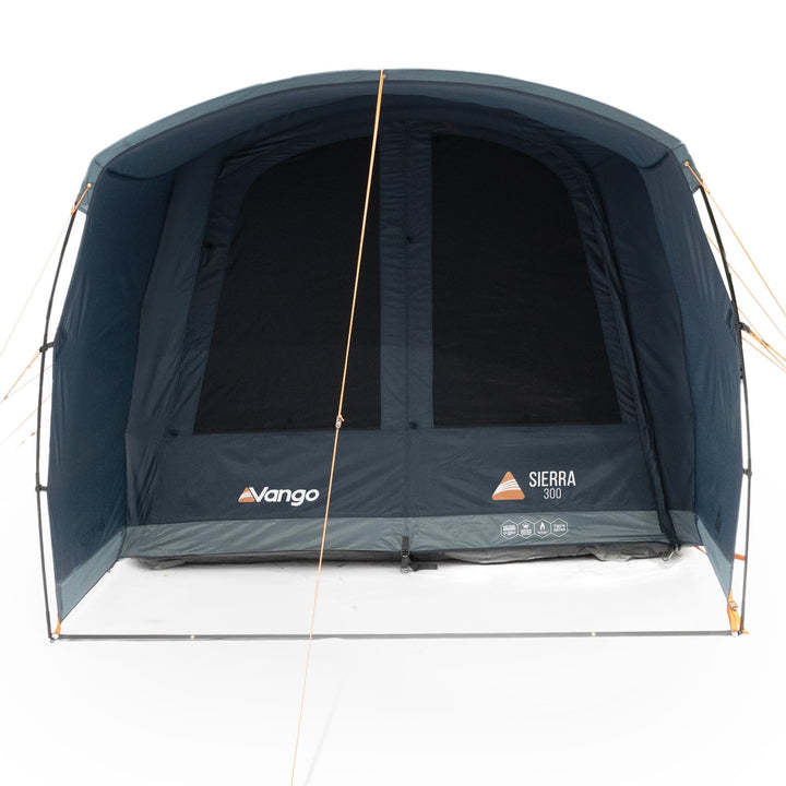 Front view of the Vango Sierra 300 Poled Tent with the entrance fully closed, showing its pre-attached canopy