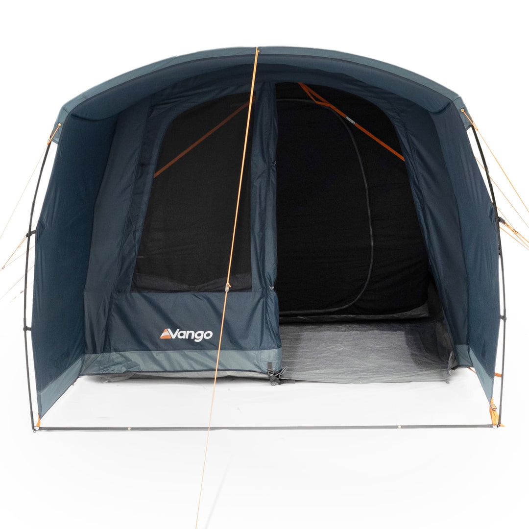 Front view of the Vango Sierra 300 Poled Tent with the inner front door half open, revealing the sleeping compartment for three people