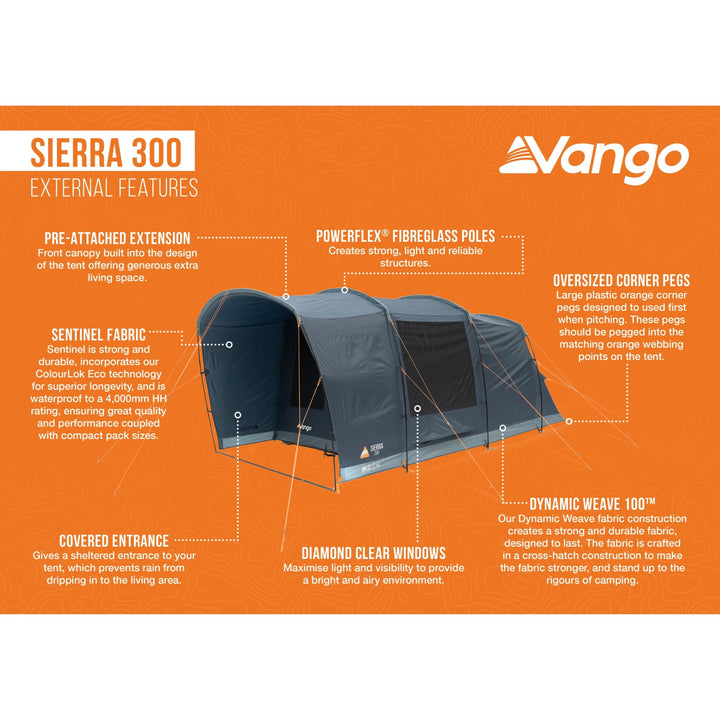 Infographic of the Vango Sierra 300 Poled Tent external features, highlighting Sentinel fabric, oversized corner pegs, and the pre-attached canopy