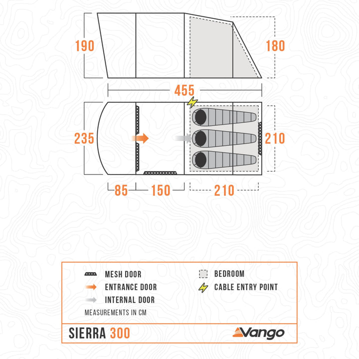 Floorplan diagram of the Vango Sierra 300 Poled Tent, showing the layout and sleeping area for three people