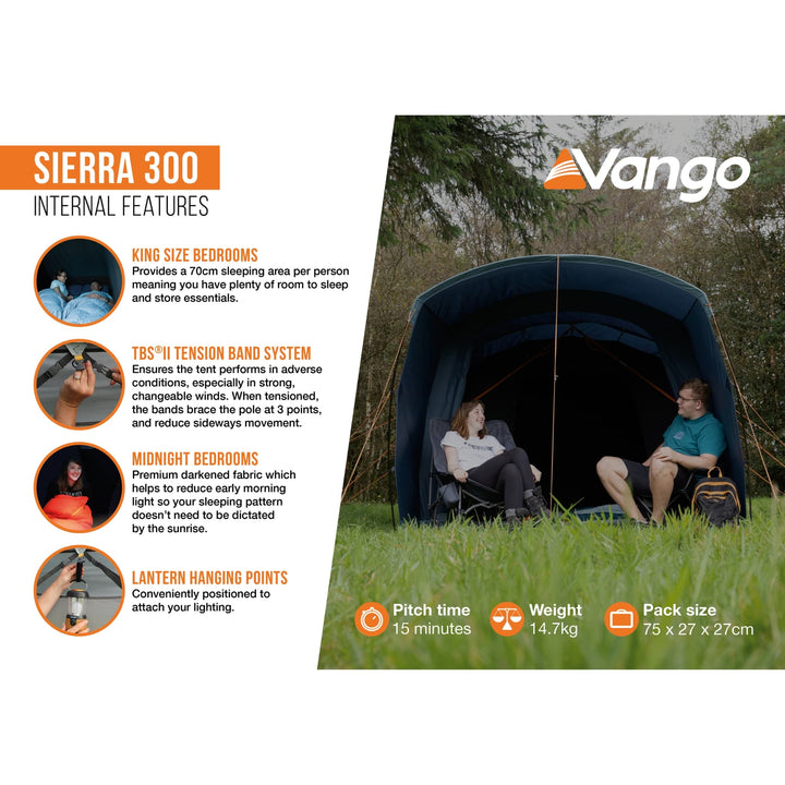 Image of the internal features of the Vango Sierra 300 Poled Tent, showcasing the midnight bedrooms, TBS II tension band system, and lantern hanging points, ideal for a 3 man tent.