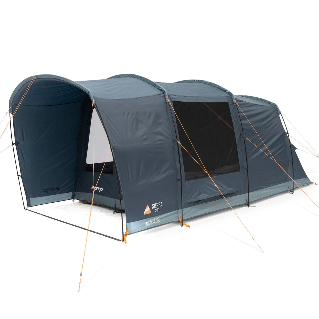 Vango Sierra 300 Poled Tent angled front view, showcasing its pre-attached canopy extension and lightweight design as a 3 man tent