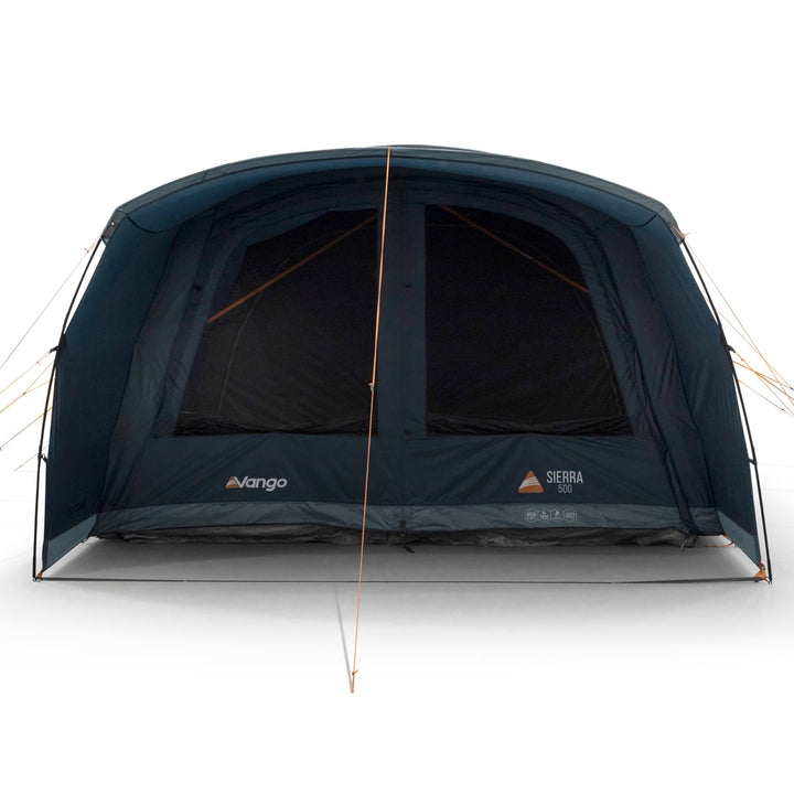 Close-up view of the Vango Sierra 500 Poled tent's entry point, showing the spacious doorway and pre-attached canopy.