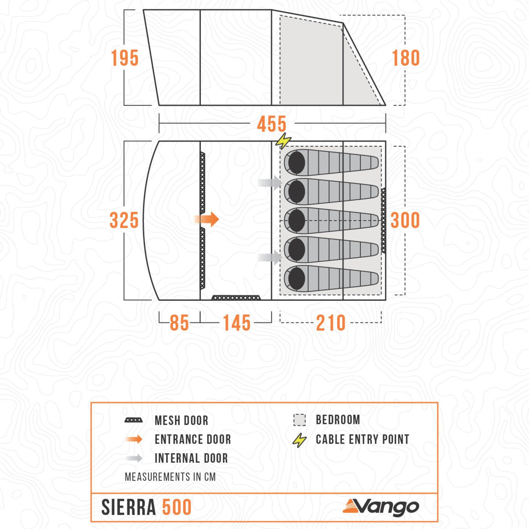 Floorplan of the Vango Sierra 500 Poled tent, showing dimensions, sleeping areas for 5 people, and key features like cable entry points and mesh doors.