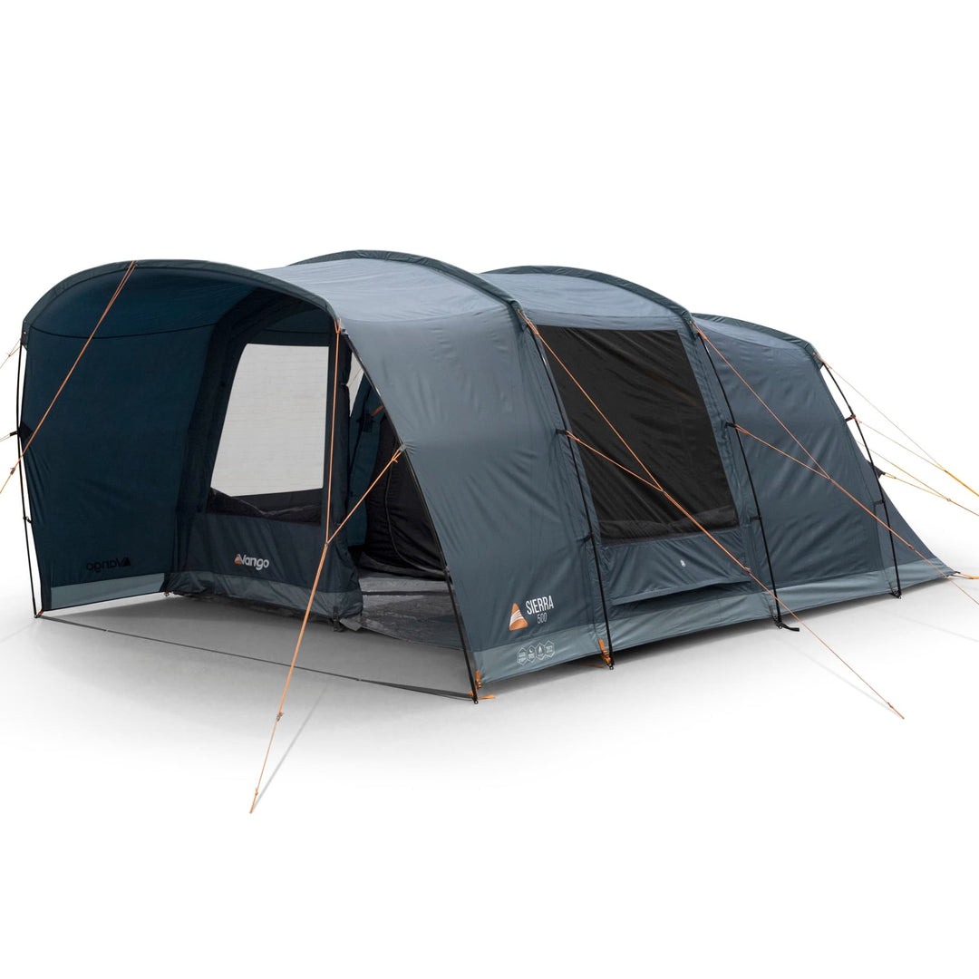 Front angled view of the Vango Sierra 500 Poled tent, a spacious 5-man tent with sturdy fibreglass poles.