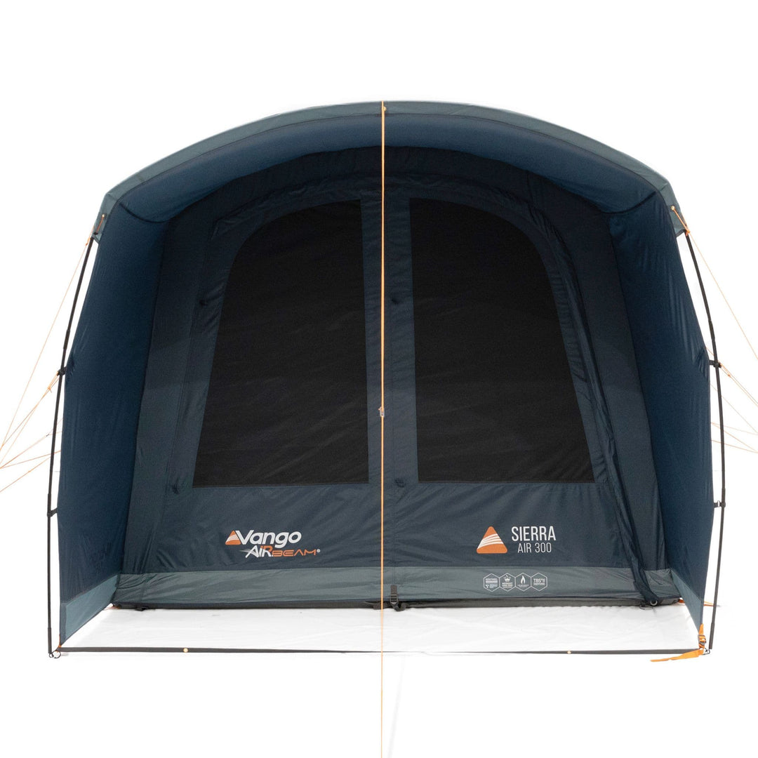 Front view of the Vango Sierra Air 300 AirBeam tent with the main entrance door fully closed, highlighting its weatherproof panels.