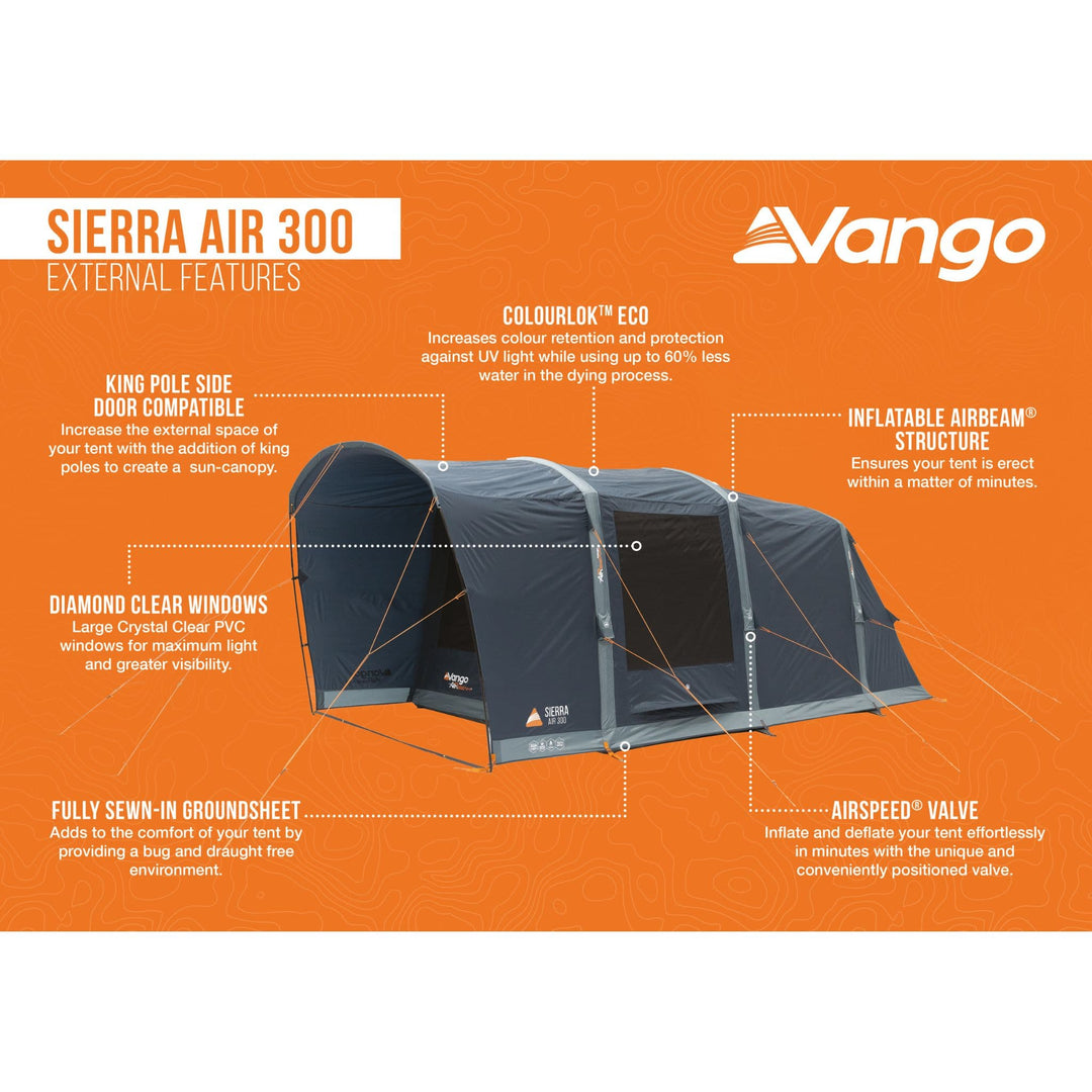 Infographic of the Vango Sierra Air 300 tent external features, including diamond clear windows, fully sewn-in groundsheet, and inflatable AirBeam structure.