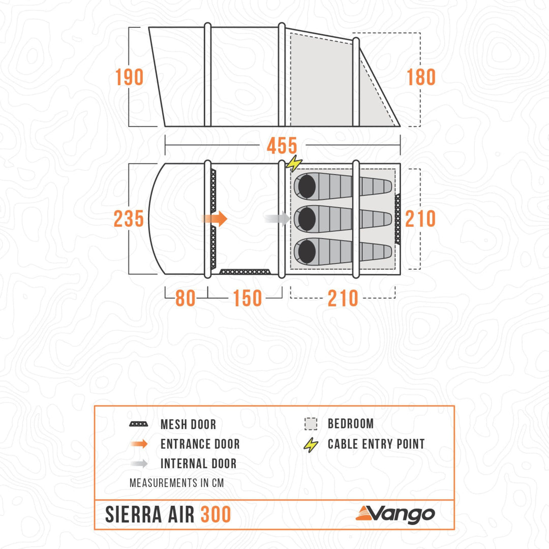 Floor plan of the Vango Sierra Air 300 couples tent, showing dimensions for a comfortable 3-man camping experience, with sleeping areas and entry points.