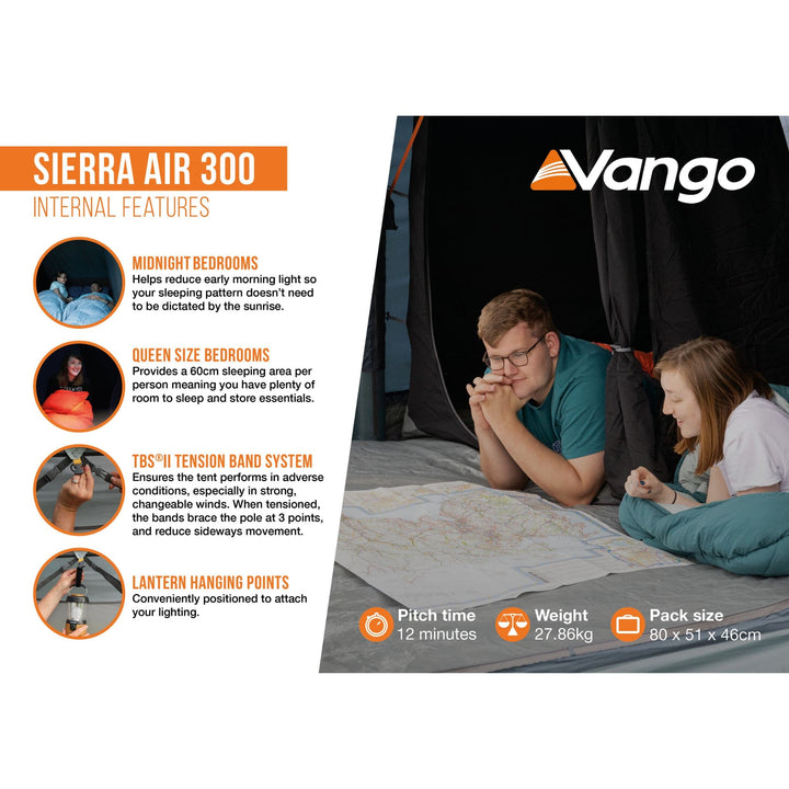 Infographic of the Vango Sierra Air 300 tent's internal features, including Midnight Bedrooms, queen-size sleeping space, and TBS II tension band system.