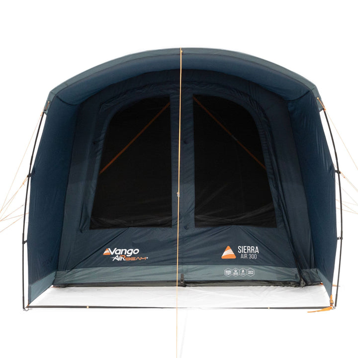 Close-up front view of the Vango Sierra Air 300 AirBeam tent with mesh panels open for ventilation