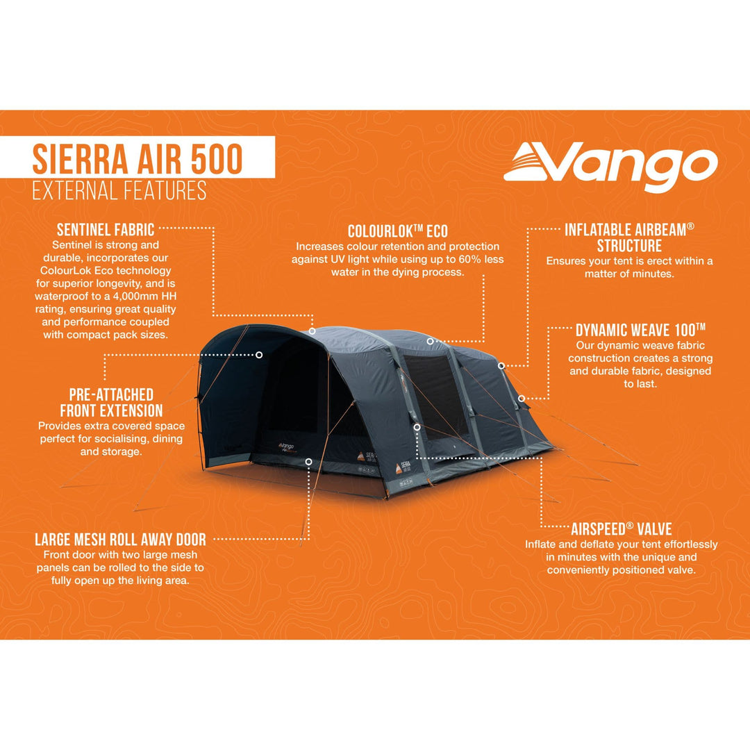 An infographic showing the key external features of the Vango Sierra Air 500 5-man tent, including Sentinel Fabric, ColourLok Eco, and the pre-attached front extension.