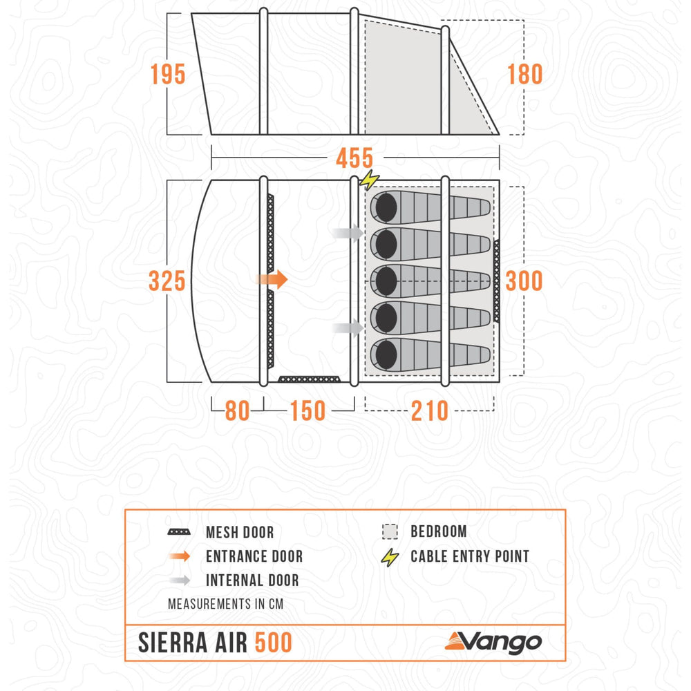 Floorplan of the Vango Sierra Air 500 tent, illustrating the layout, bedroom space for 5 people, and cable entry points.