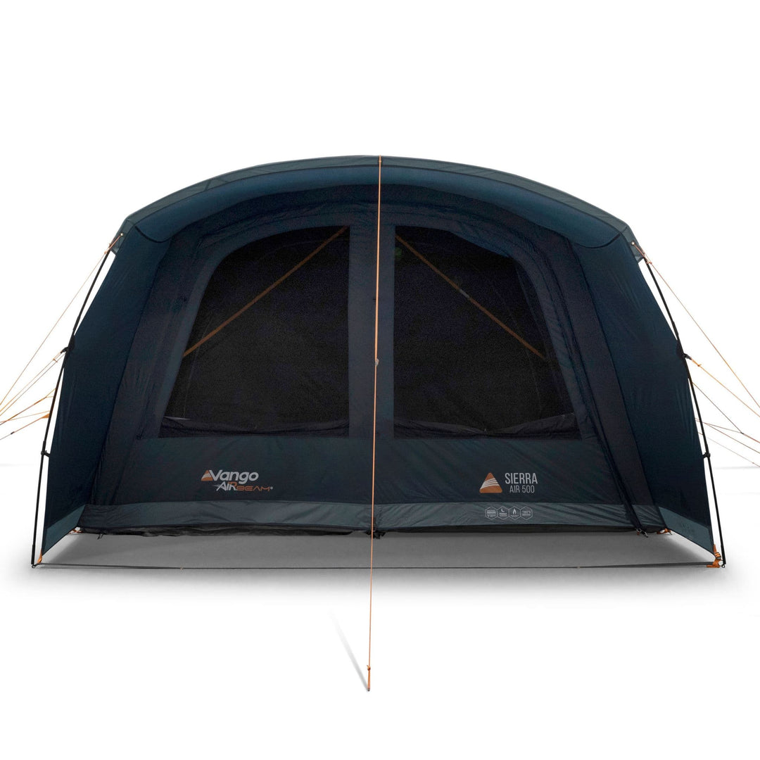 Front view of the Vango Sierra Air 500 tent with fully closed doors, showcasing its weather-resistant design and AirBeam structure.