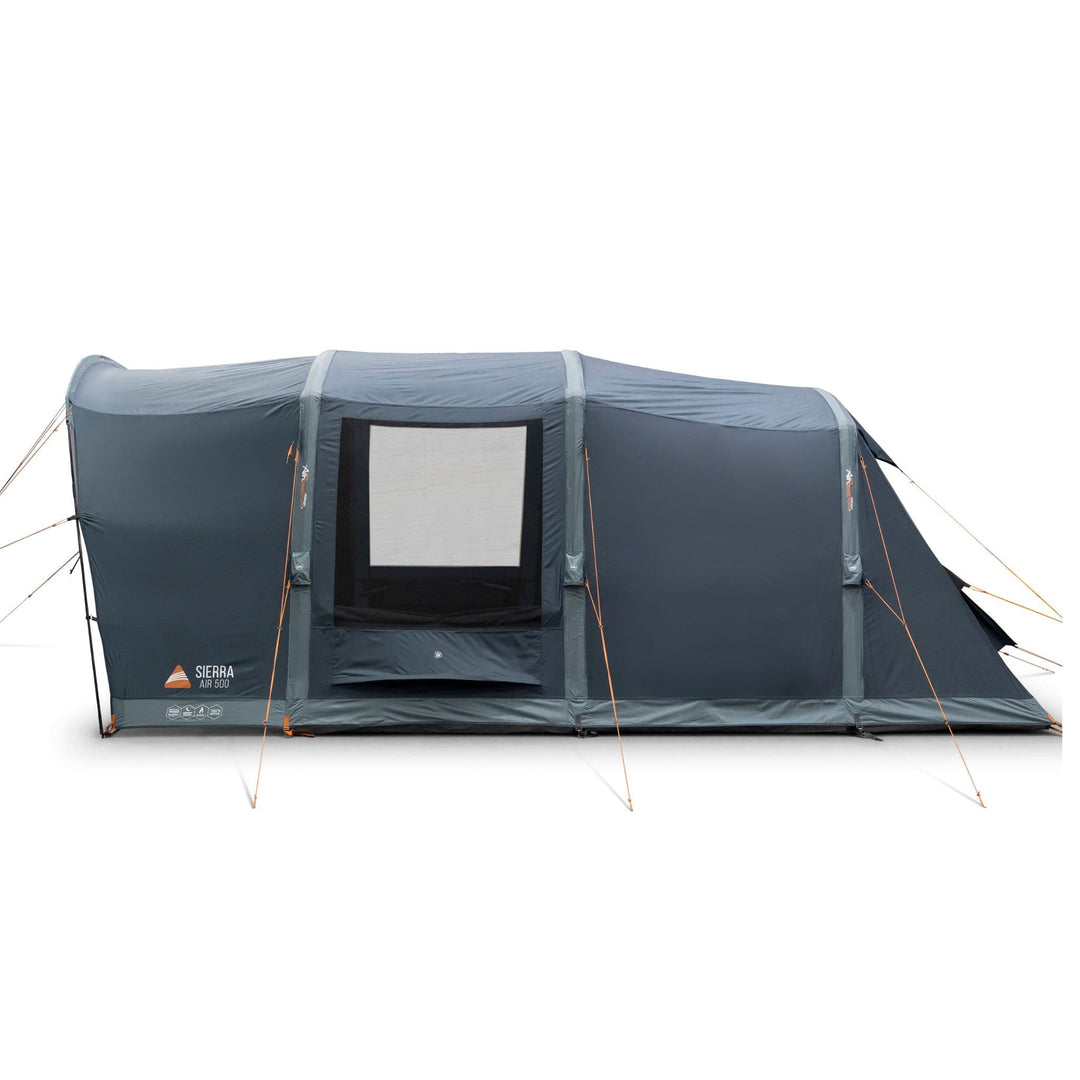 Alternate side view of the Vango Sierra Air 500 tent shows the mesh panel window and emphasises its sturdy structure and multiple pegging points.