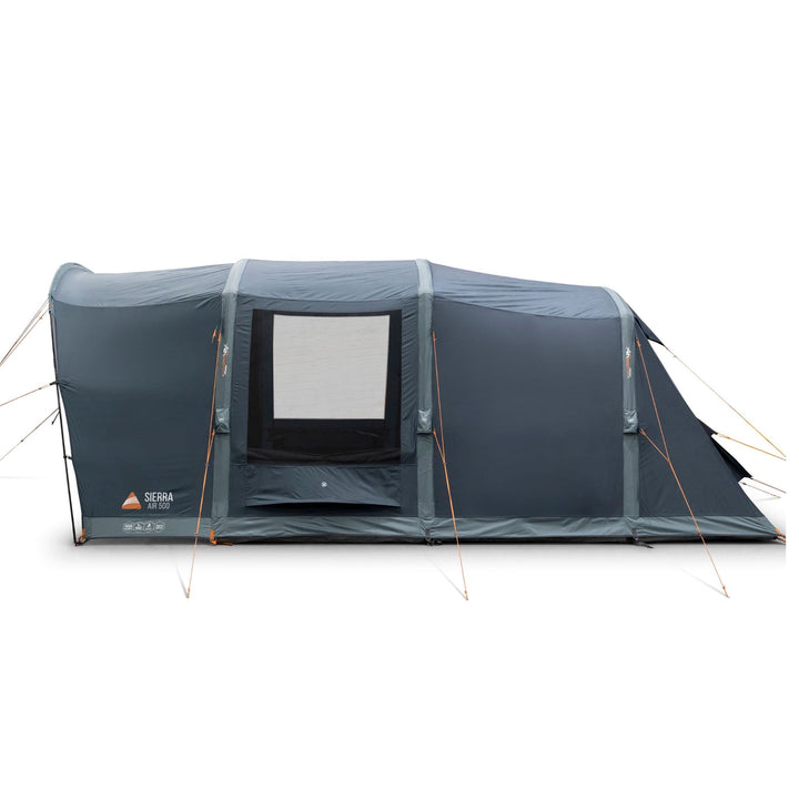 Alternate side view of the Vango Sierra Air 500 tent shows the mesh panel window and emphasises its sturdy structure and multiple pegging points.