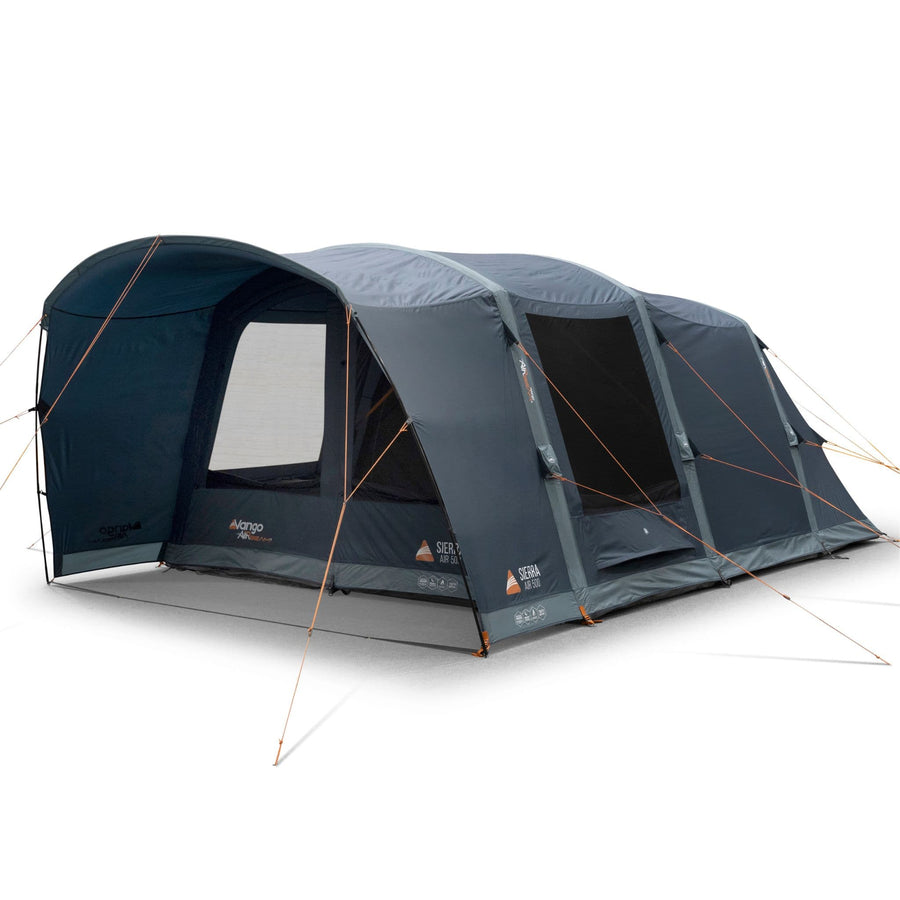 Angled front view of the Vango Sierra Air 500 tent, a spacious 5-man AirBeam tent with durable construction and large windows.