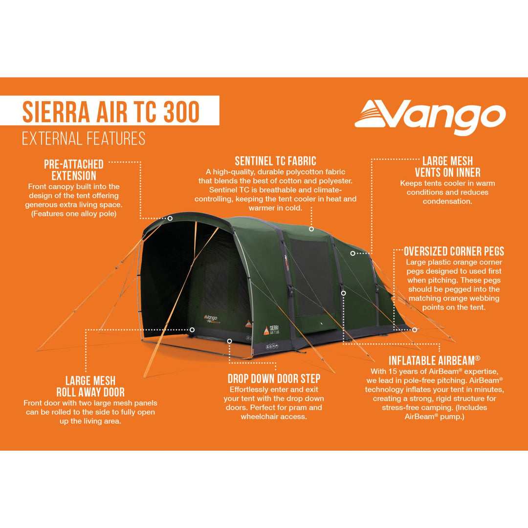 Vango Sierra Air TC 300 AirBeam Tent external features infographic