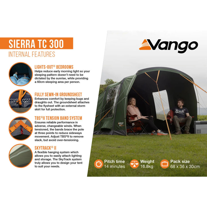 Vango Sierra TC 300 tent with internal features listed on the left side.