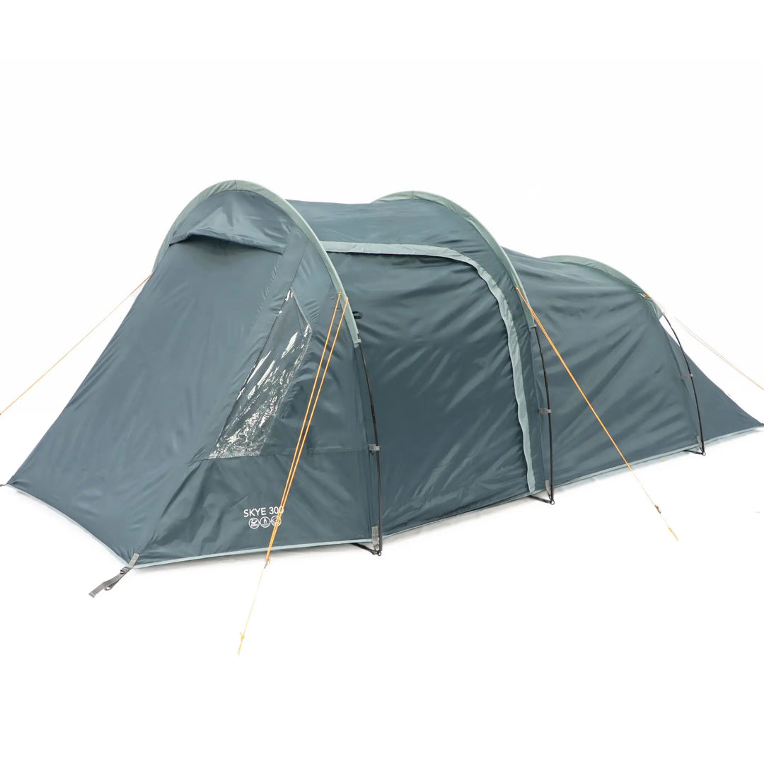 Studio shot of Vango Skye 300 tent fully pitched with front door closed, clear window and logo visible on the side.