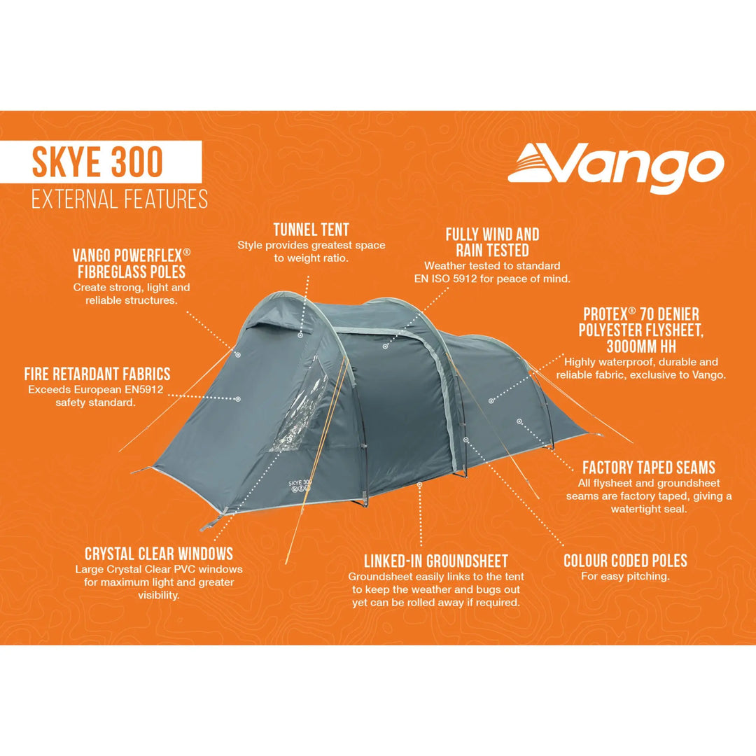 Side view diagram of Vango Skye 300 tent with labels showing external features including poles, flysheet, and taped seams.