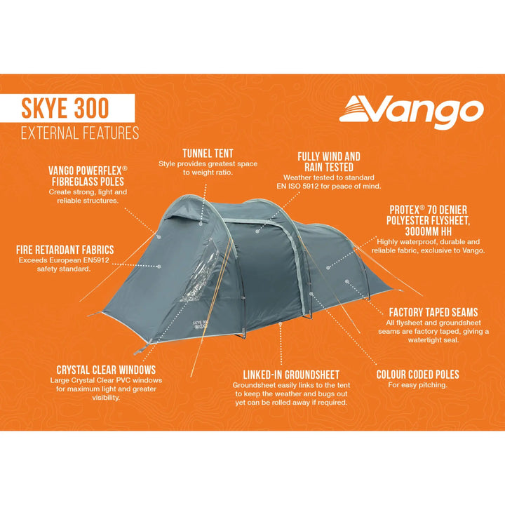 Side view diagram of Vango Skye 300 tent with labels showing external features including poles, flysheet, and taped seams.