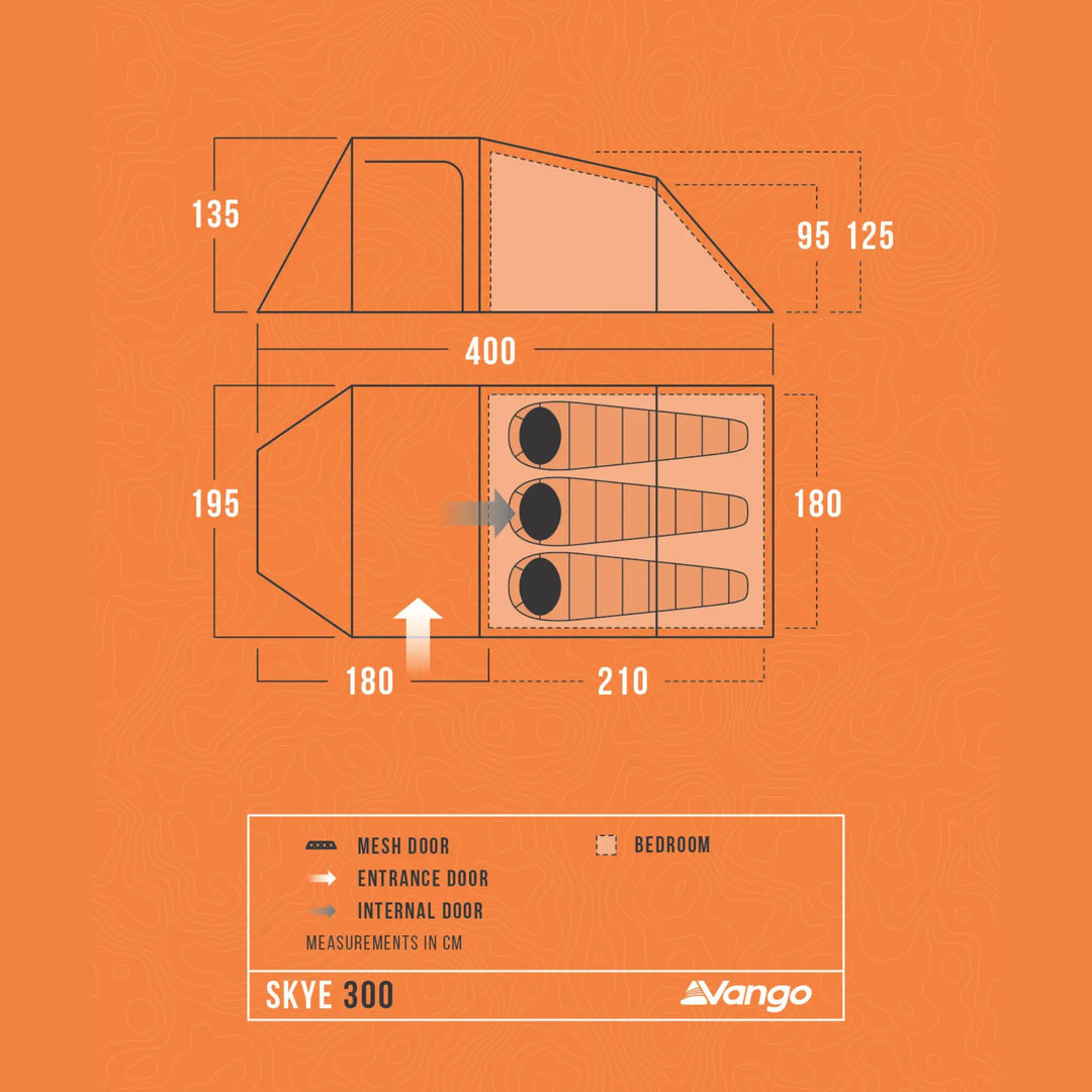 Floorplan and side profile of Vango Skye 300 tent with internal dimensions and sleeping layout for three people.