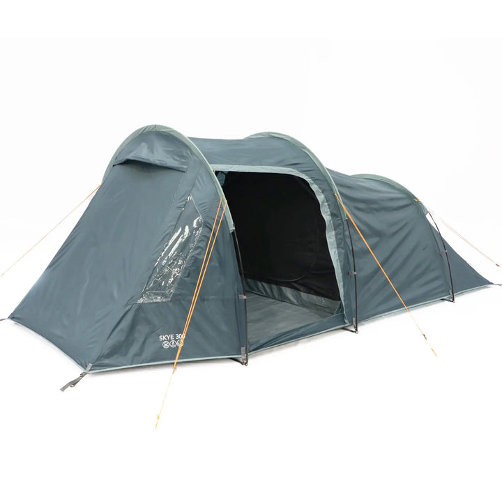 Studio view of Vango Skye 300 tent with front door open, showing dark inner tent and tunnel structure with guy lines.