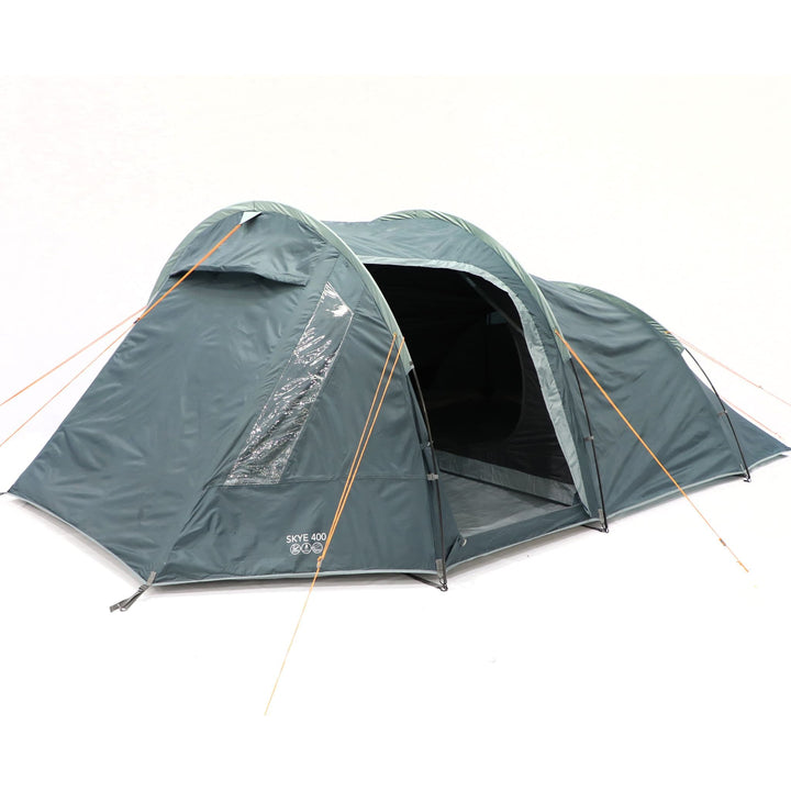 Angled view of the Vango Skye 400 tent showing its tunnel structure, lightweight poles, and spacious design, perfect for a 4 man festival tent or a weekend getaway