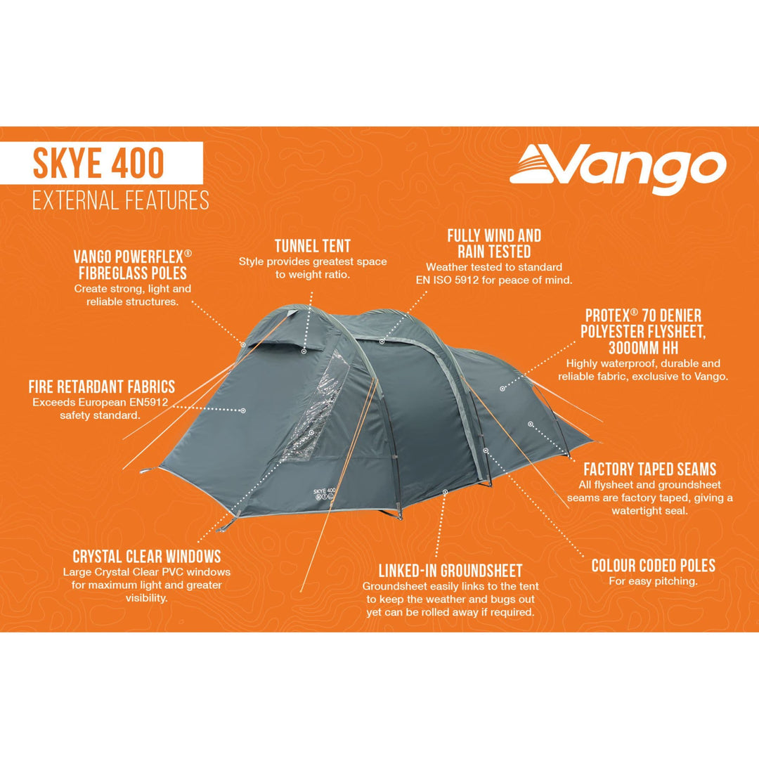 Infographic showcasing the external features of the Vango Skye 400 tent, including crystal-clear PVC windows and wind-tested stability, making it an excellent choice as a festival tent or weekend camping tent