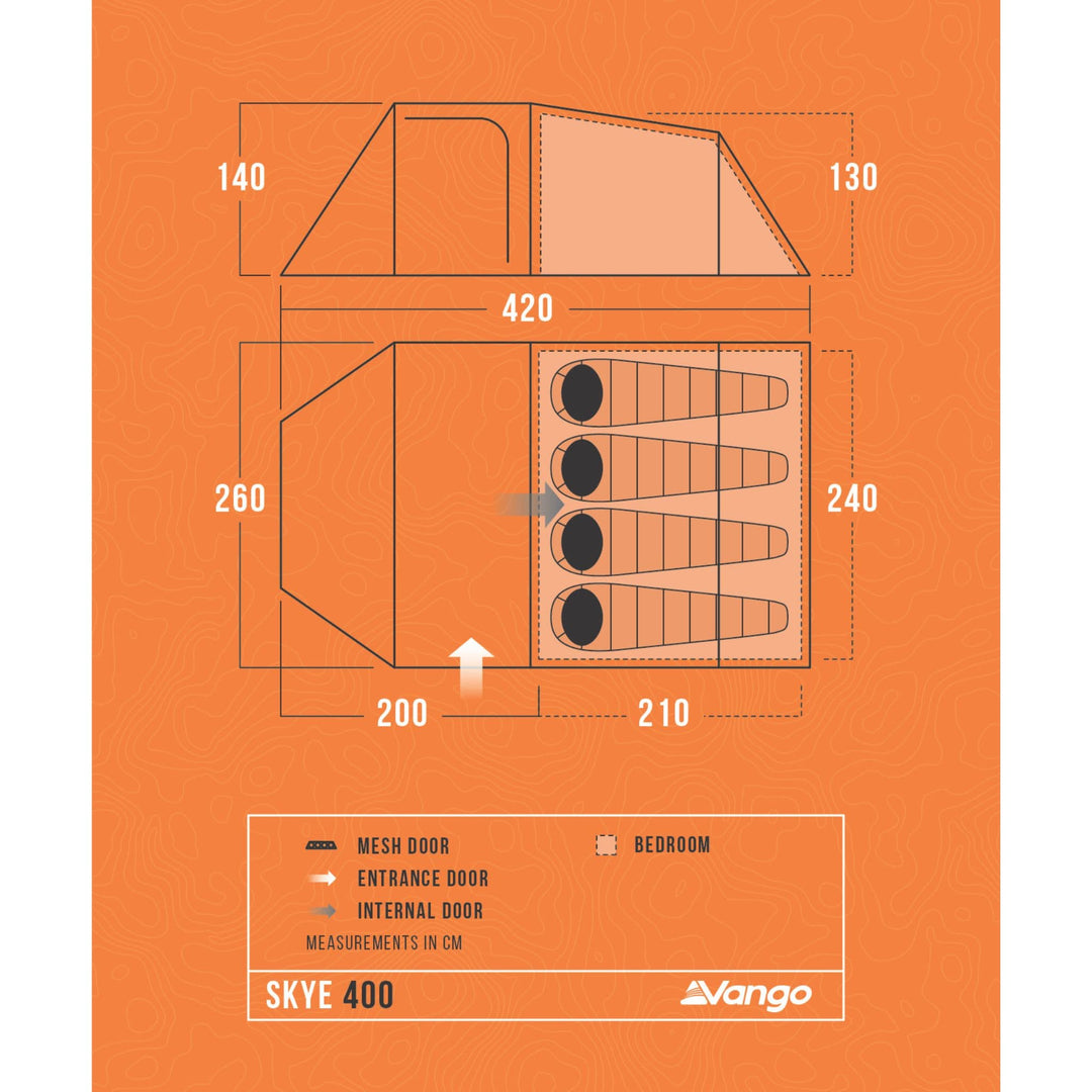 Detailed floorplan of the Vango Skye 400 tent illustrating its dimensions and layout, suitable for accommodating four people during festivals or weekend trips