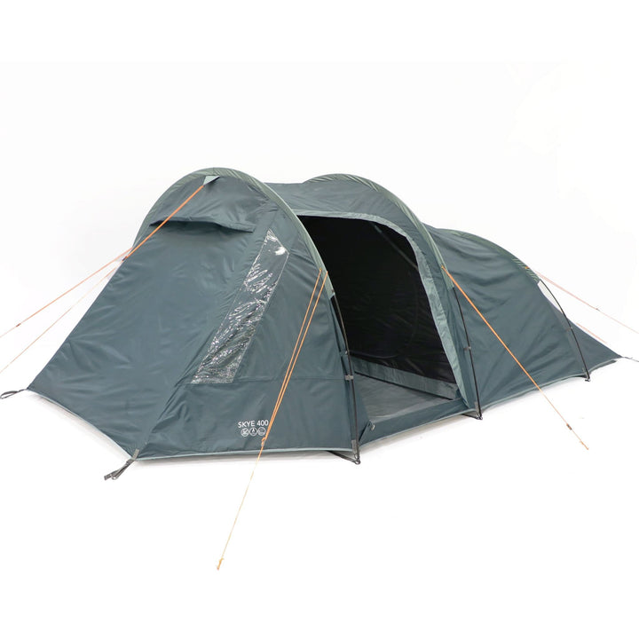 Front view of the Vango Skye 400 tent with an open entrance, showcasing its ample living space and ventilation—ideal for festivals or weekend camping