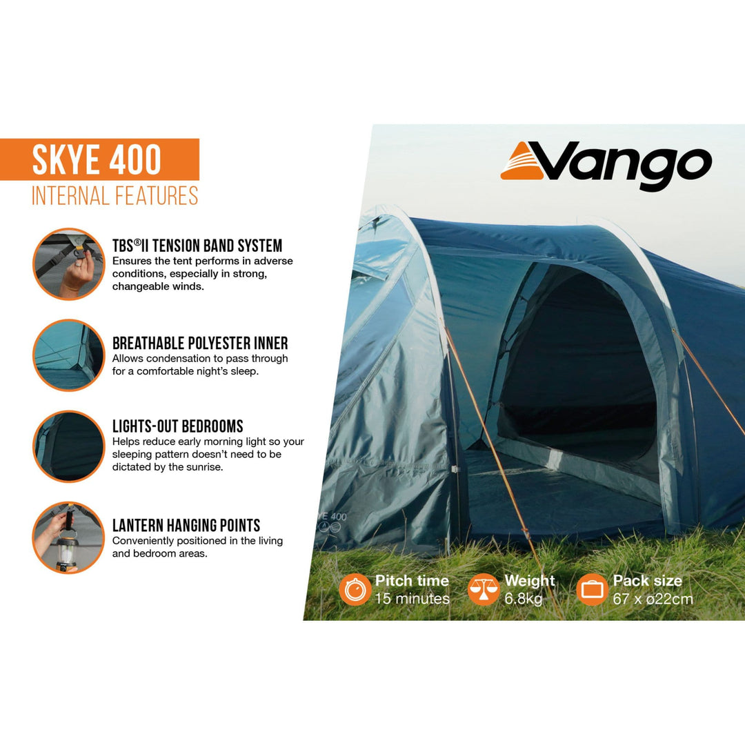 Infographic of the Vango Skye 400 tent's internal features, such as breathable polyester and lights-out bedrooms, designed for comfort during weekend camping or festivals