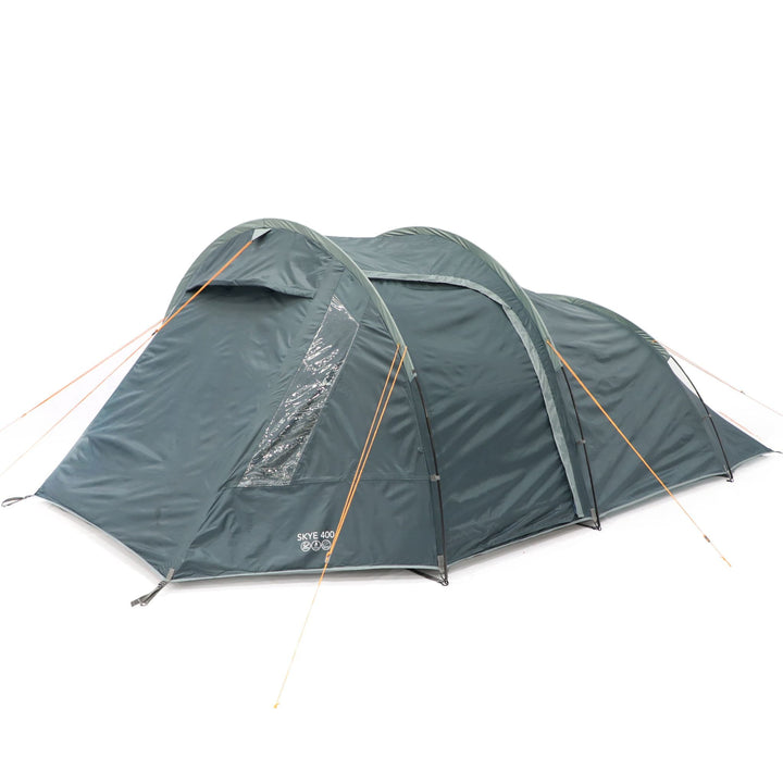 Side view of the Vango Skye 400 tent showing its streamlined shape and linked-in groundsheet, suitable for weekend camping trips or as a festival tent