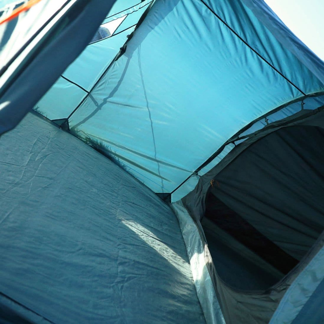 View of the bedroom area inside the Vango Skye 500, a 5 man tent designed for comfortable festival camping.