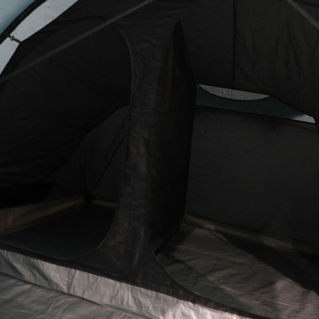 View of the bedroom area inside the Vango Skye 500, a 5 man tent designed for comfortable festival camping.