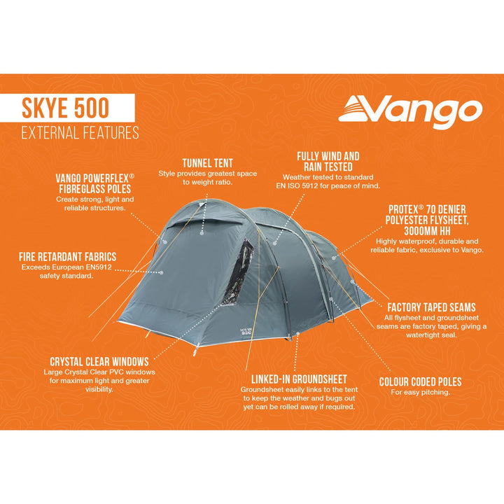 Vango Skye 500 tent external features infographic, highlighting benefits of this 5 man tent for festivals, including fire-retardant fabrics and Protex 70 denier polyester.