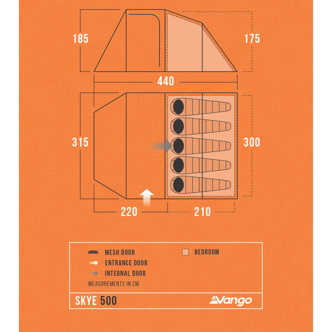 Floorplan of the Vango Skye 500 tent, detailing the layout and sleeping space of this 5 man tent perfect for festivals.